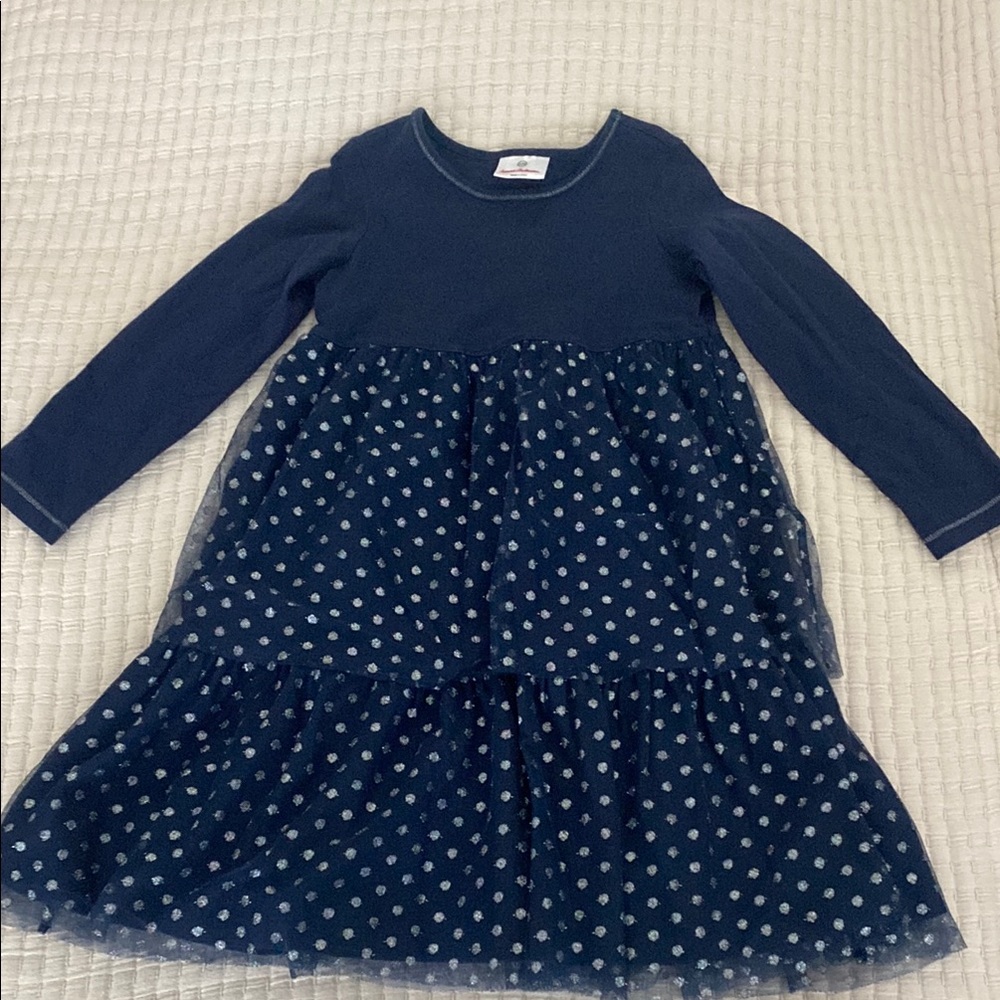 Hanna Andersson Blue and White Ruffled Tiered dress with Long Sleeves.